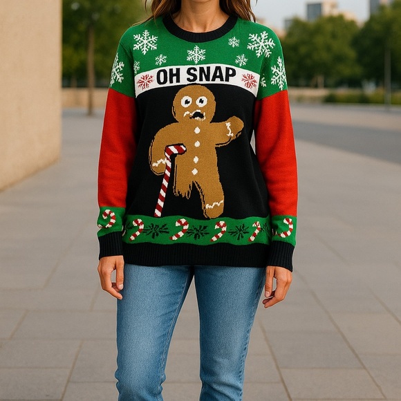 Ugly Christmas Sweater "Oh Snap" Gingerbread Man Design Multi-Color I - Picture 2 of 6